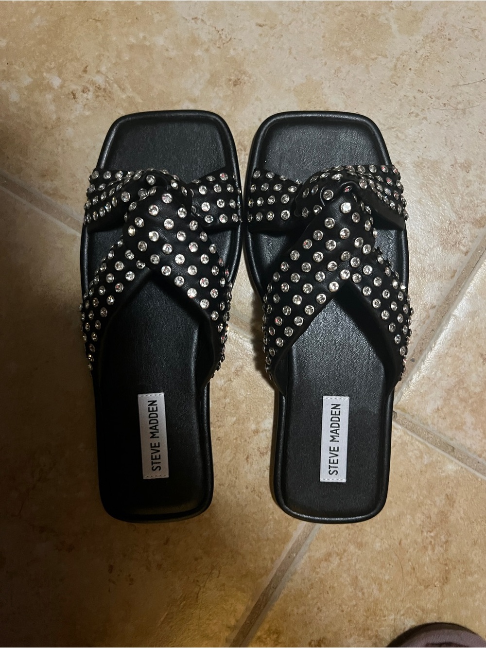 Steve Madden Black Studded Crisscross Slide Flats